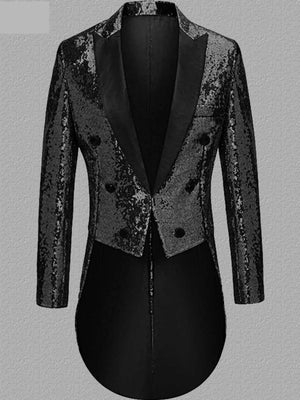 Men's black sequin double-breasted tailcoat blazer with satin lapels.
