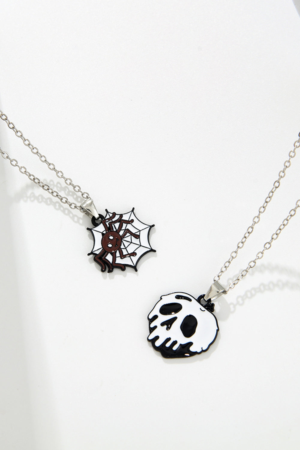 Spooky season enamel pendant necklaces with spider and skull charms