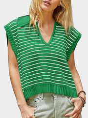 Green ribbed knit polo vest with white stripes and a V-neck.