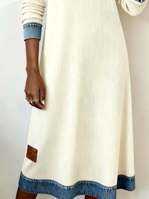 Cream ribbed knit midi dress with denim trim on sleeves and hem, and a leather patch detail.