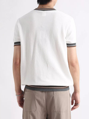 Textured ribbed white crew neck t-shirt with striped trim on sleeves and hem