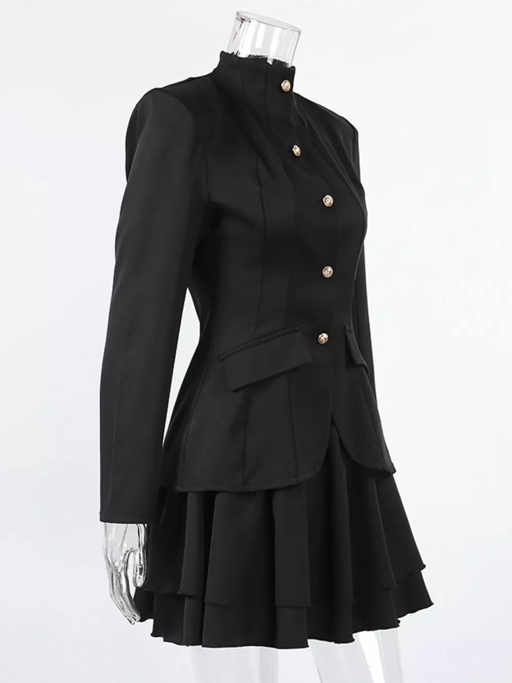 Elegant Stand Collar Blazer And Mini Skirt Set in Black, fit detail