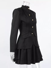 Elegant Stand Collar Blazer And Mini Skirt Set in Black, fit detail