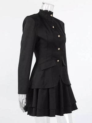 Elegant Stand Collar Blazer And Mini Skirt Set in Black, fit detail