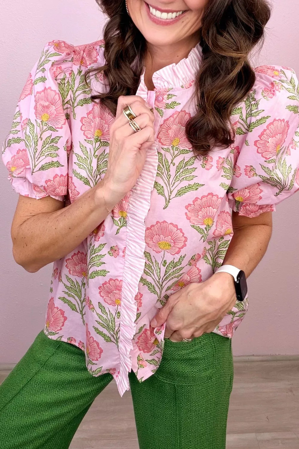 Charming floral puff sleeve maternity blouse in blush pink with ruffle trim and button detail