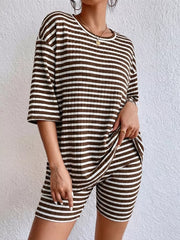 Chic striped two-piece set with elbow sleeves and shorts in coffee stripes.