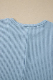 Waffle Knit Dolman Sleeve Loose Top in Light Blue, back view
