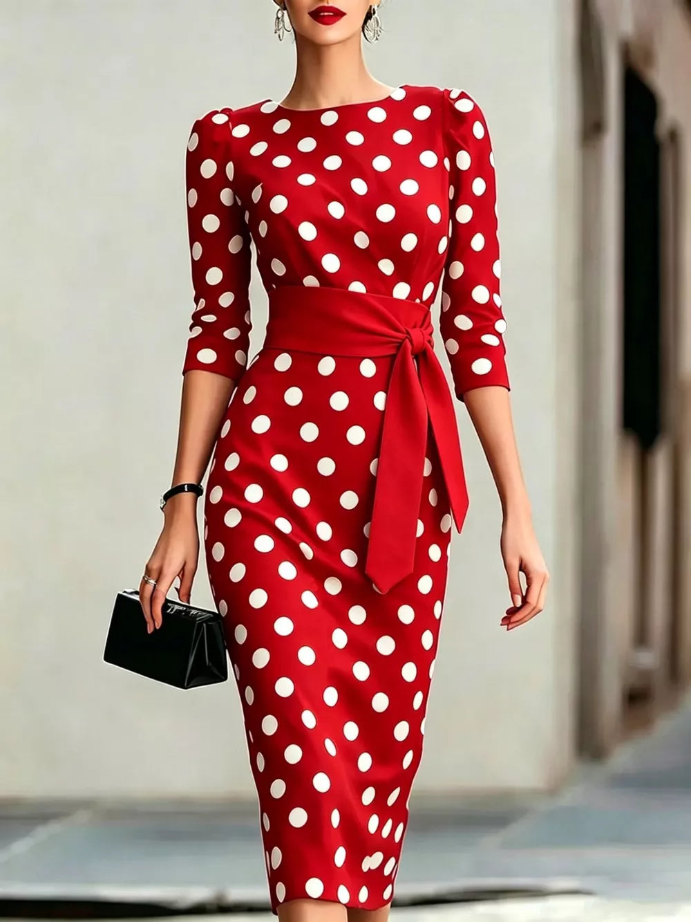 Full Size Polka Dot 3/4 Sleeve Midi Dress, view 11