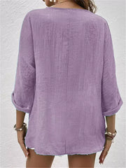 Full Size Casual V-neck Button-down Blouse in Blue, product detail