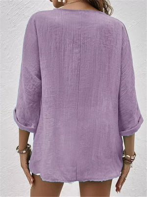 Full Size Casual V-neck Button-down Blouse in Blue, product detail