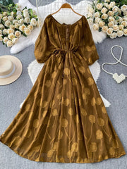 Brown chiffon maxi dress with floral embroidery, belted waist, and button-down front.