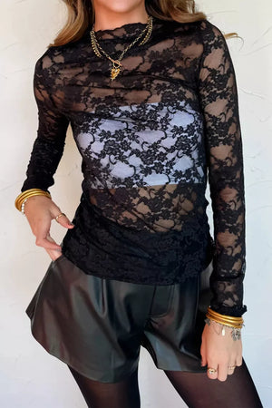 Sheer black floral lace long sleeve fitted shirt with mock neck.