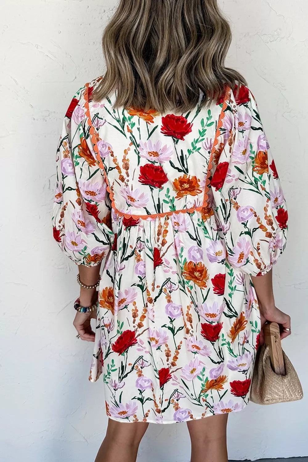 Floral Print 3/4 Puff Sleeve Mini Dress in Floral, close-up detail