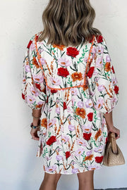 Floral Print 3/4 Puff Sleeve Mini Dress in Floral, close-up detail