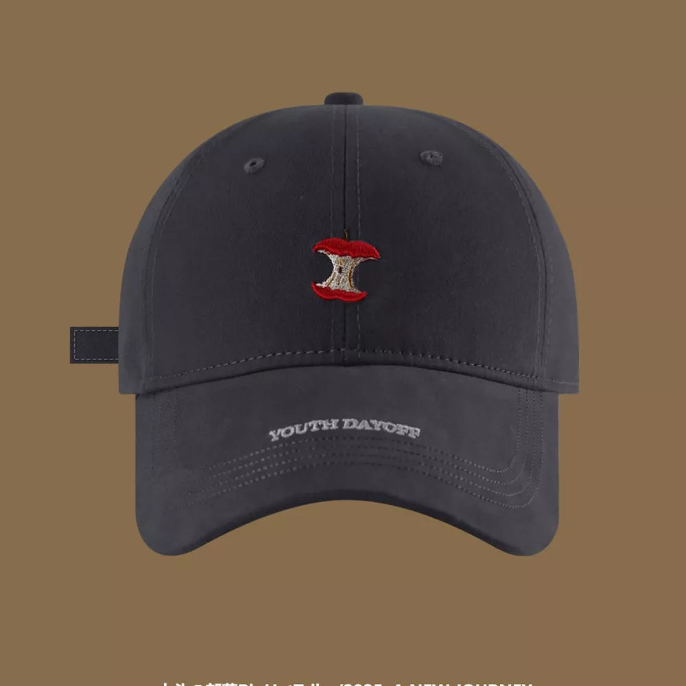 Grey baseball cap with apple core embroidery and "YOUTH DAYOFF" text.