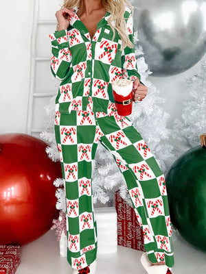 Green candy cane checkered pajama set with buttoned top and long pants.