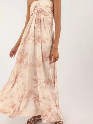 Tropical halter neck maxi dress in cream with a palm tree print and ruched bodice.