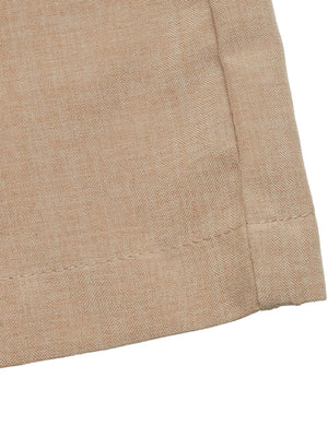 Geometric pattern halter jumpsuit in beige linen-look fabric with visible stitching detail.
