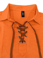 Orange cotton undershirt with V-neck lace-up detail and collar
