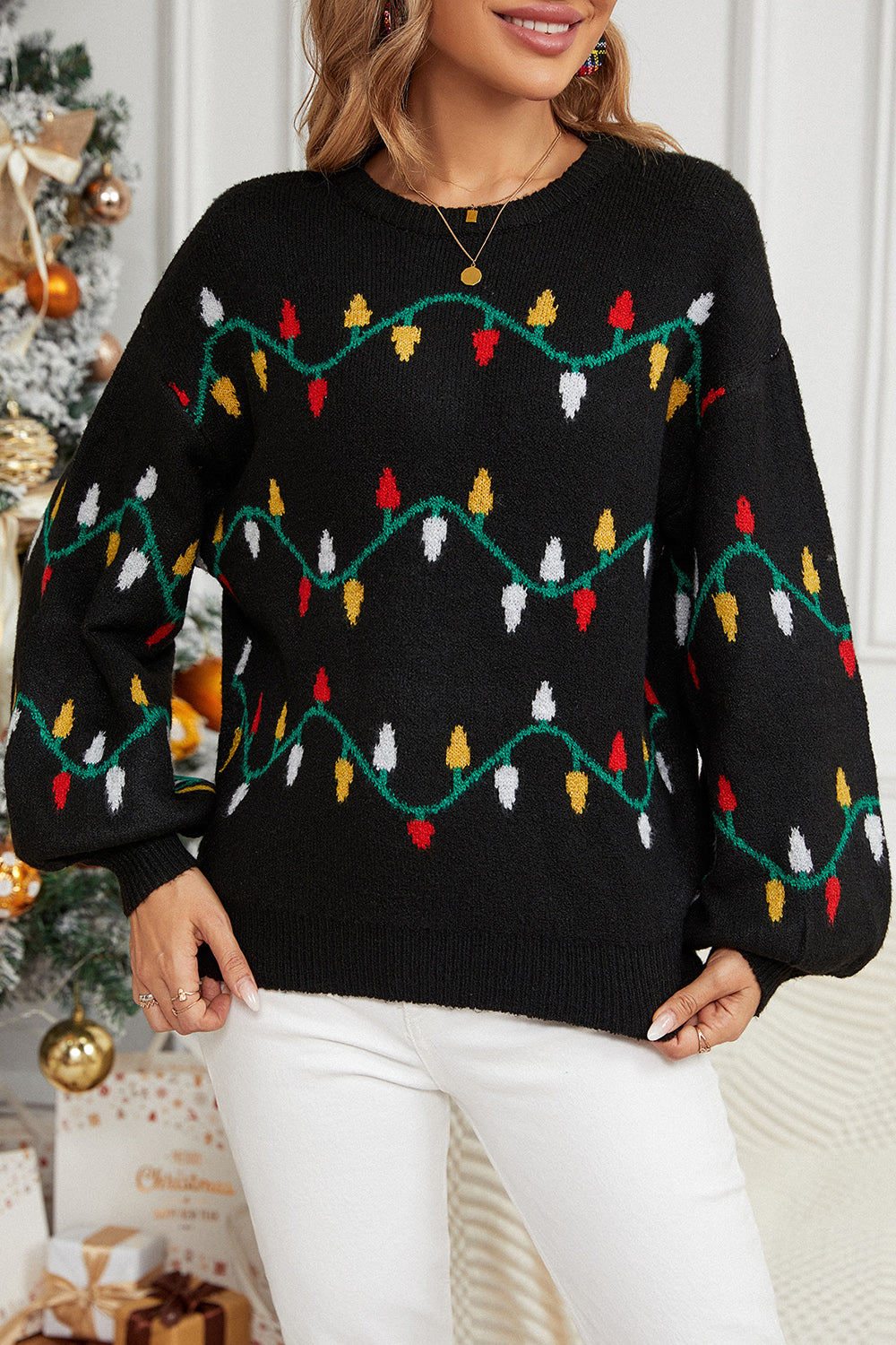 Black acrylic sweater with festive Christmas light pattern, crew neck, long sleeves.
