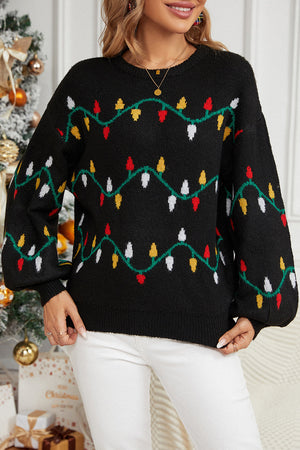 Black acrylic sweater with festive Christmas light pattern, crew neck, long sleeves.