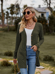 Longline ribbed knit button-down cardigan in Army Green with pockets and button details.