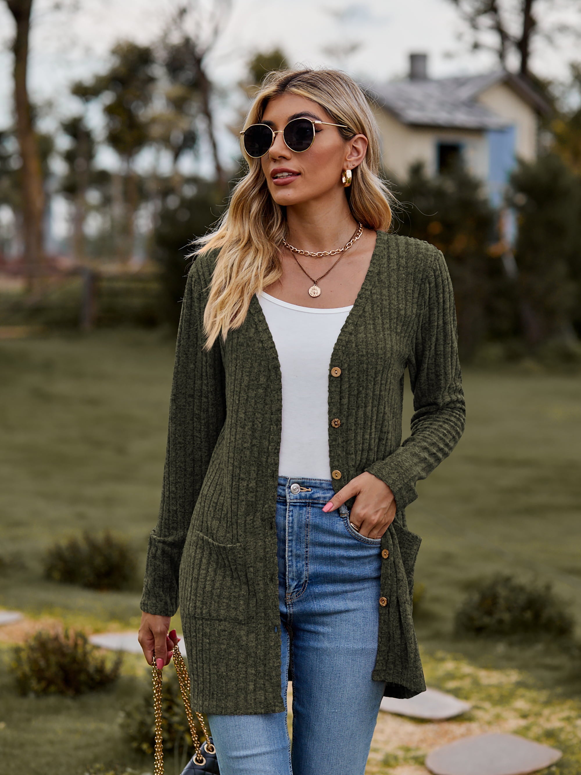 Longline ribbed knit button-down cardigan in Army Green with pockets and button details.