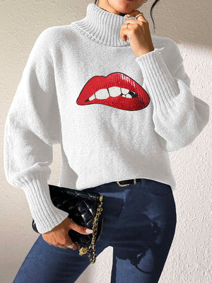 White turtleneck sweater with sequin red lips detail and balloon sleeves