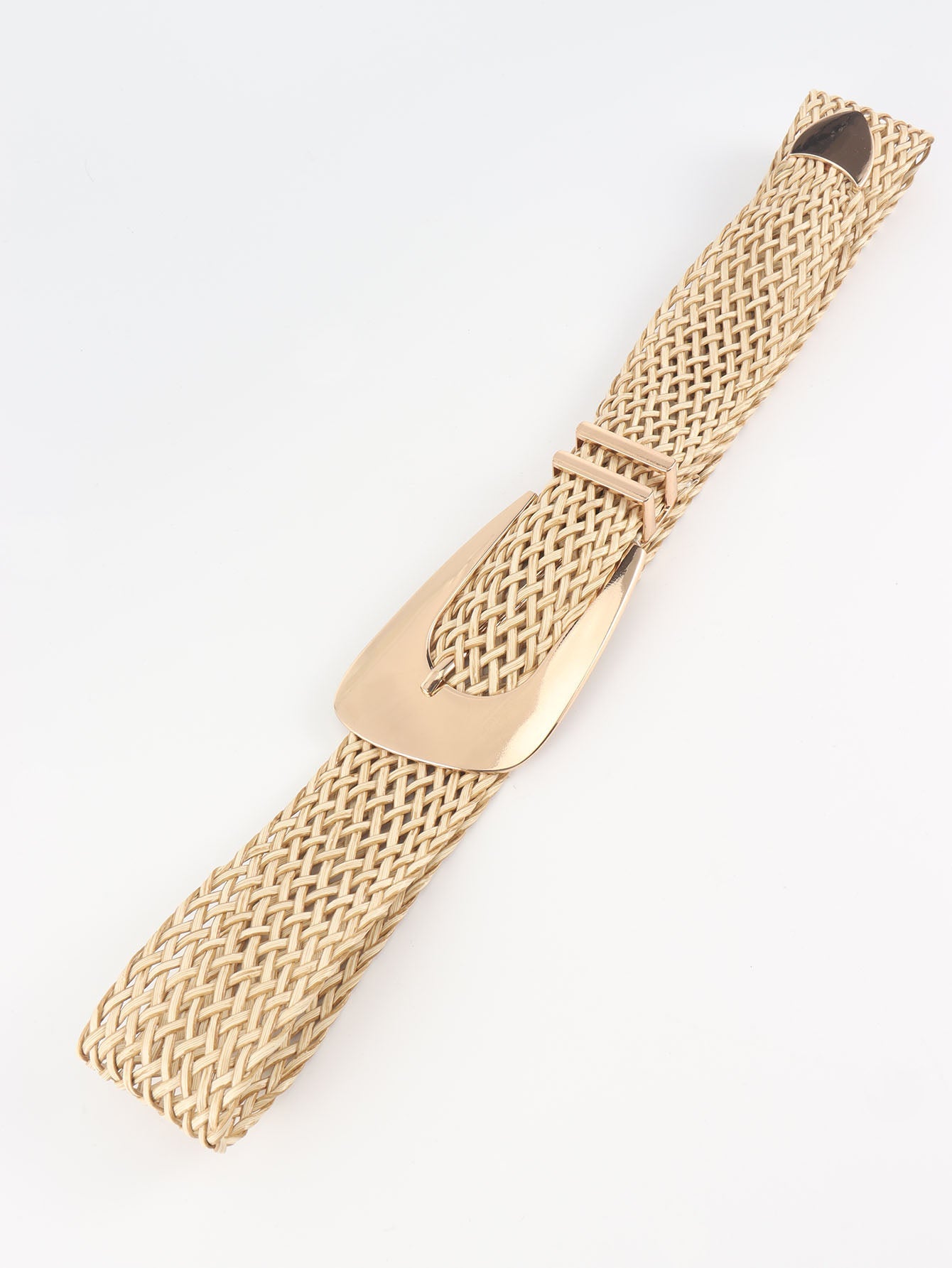Woven raffia belt in camel with a gold-tone buckle and woven detail.