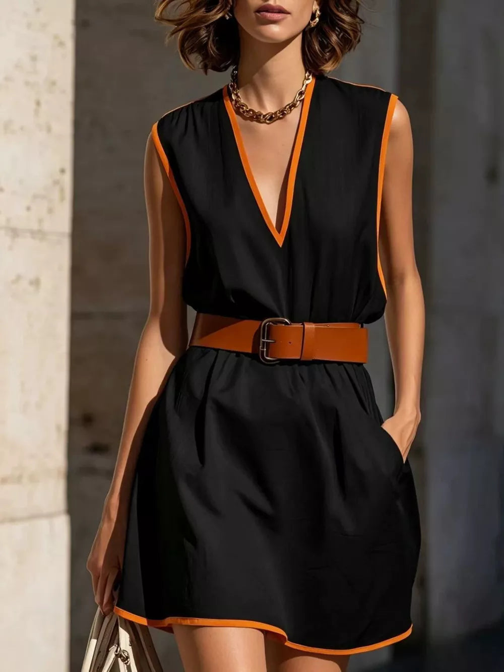 Vibrant Contrast Trim V-neck Dress