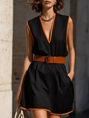 Vibrant Contrast Trim V-neck Dress