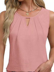 Pink sleeveless tank top with keyhole neckline and subtle pleating detail.