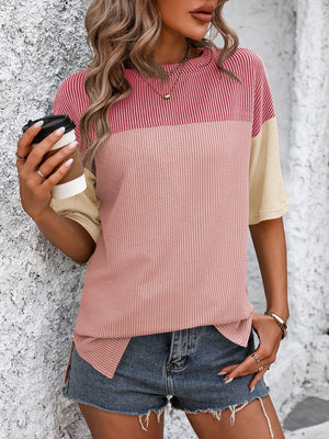 Mandy Color Pop T-Shirt in Deep Rose/Pink with beige sleeves, crew neck, and side slits.
