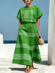 Full Size Striped Round Neck Top And Skirt Set, back view