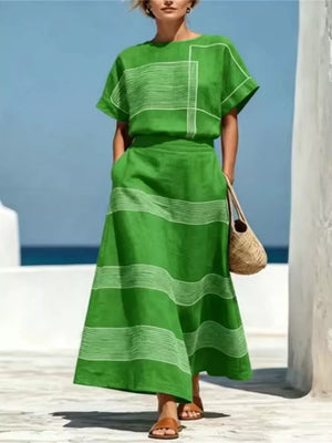 Full Size Striped Round Neck Top And Skirt Set, back view