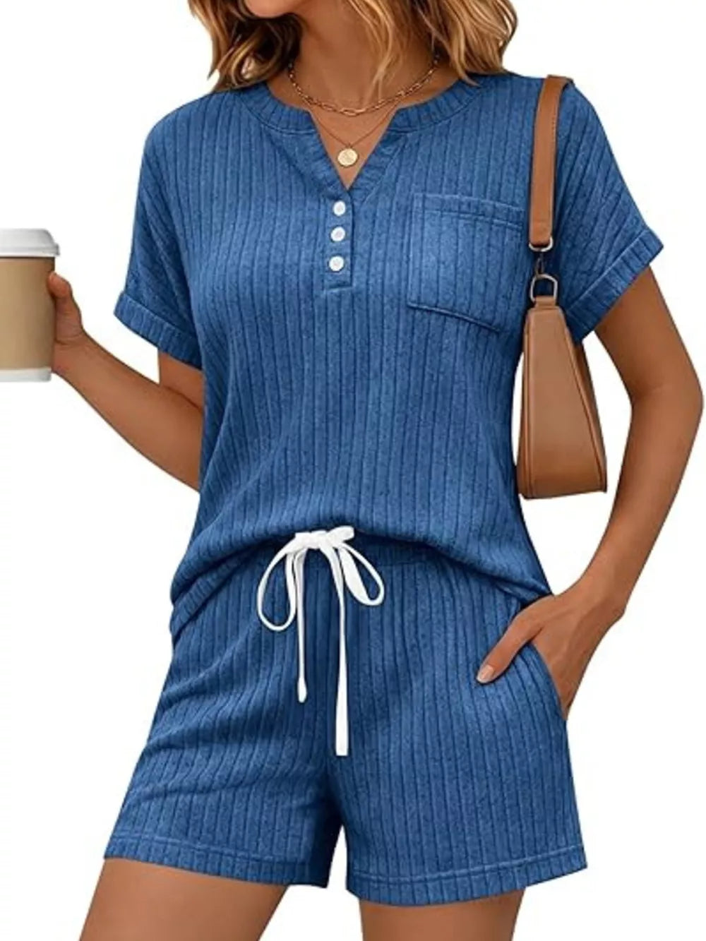 Blue ribbed knit loungewear set with henley neckline top and drawstring shorts.