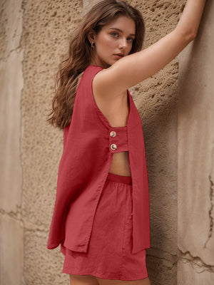 Scarlet linen co-ord set with cut-out back and button detail.