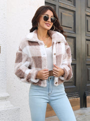 Textured plaid teddy crop jacket in mocha and white with button front and collar.