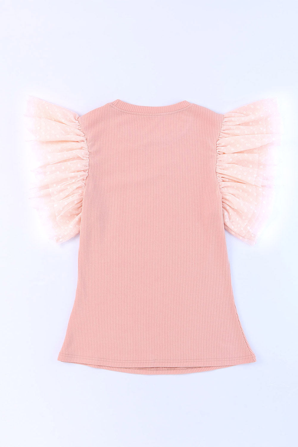 Blush pink ribbed knit blouse with sheer polka dot ruffle sleeves