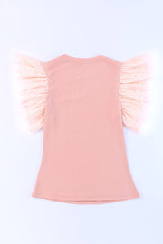 Blush pink ribbed knit blouse with sheer polka dot ruffle sleeves