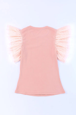 Blush pink ribbed knit blouse with sheer polka dot ruffle sleeves