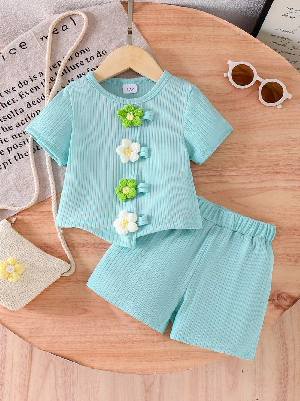 Children's Ribbed Knit Flower Top And Shorts Set in Green, side view