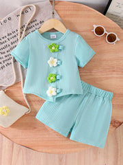 Children's Ribbed Knit Flower Top And Shorts Set in Green, side view