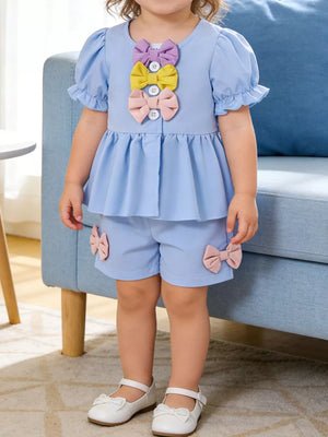 Children's Bow Puff Sleeve Top And Shorts Set in Blue, front view