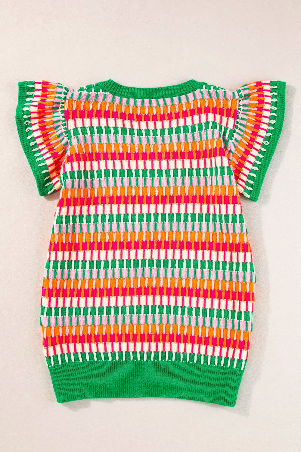 Green knit top with geometric pattern, flutter sleeves, and crew neck.
