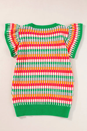 Green knit top with geometric pattern, flutter sleeves, and crew neck.