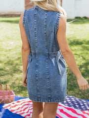 Belted denim dress with button front, sleeveless, blue wash, cotton.
