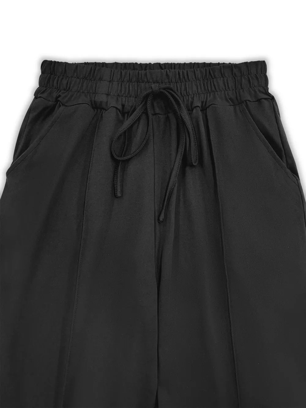Black wide leg pajama pants with elastic waist and drawstring.