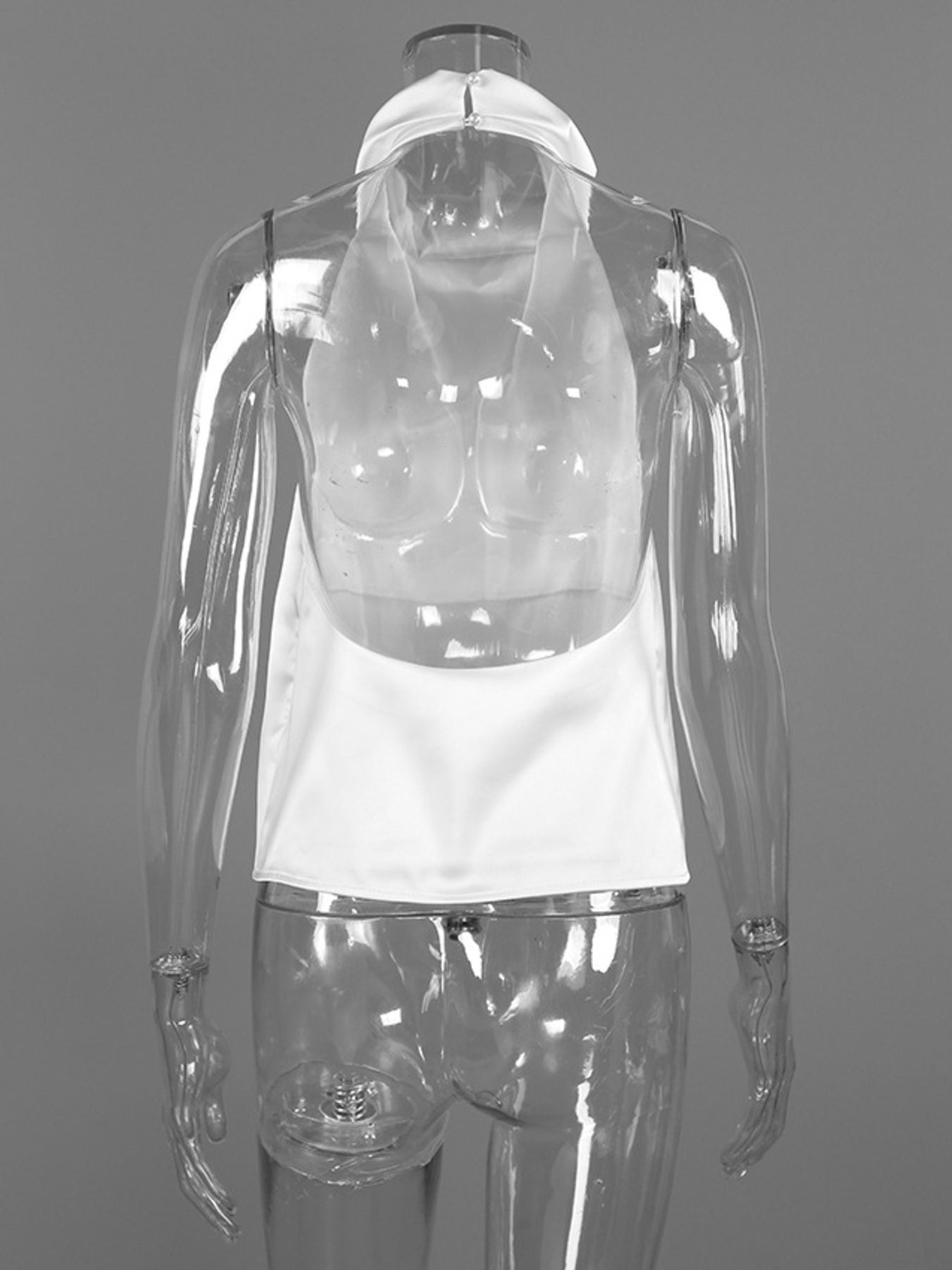White satin halter neck cami top with cowl neckline and open back detail.