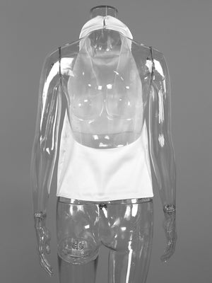 White satin halter neck cami top with cowl neckline and open back detail.